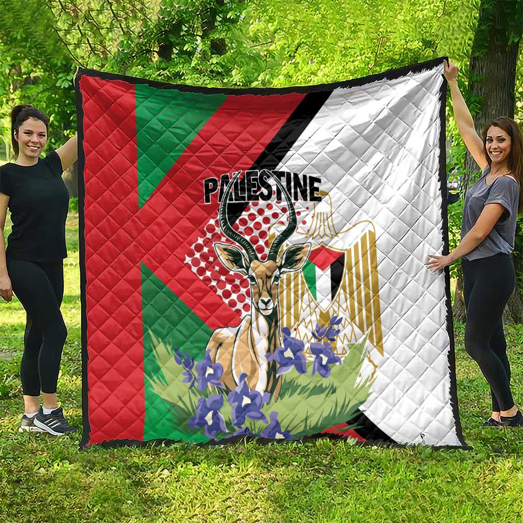 Large Palestine-themed quilt blanket with quilted pattern, red/green front and white back