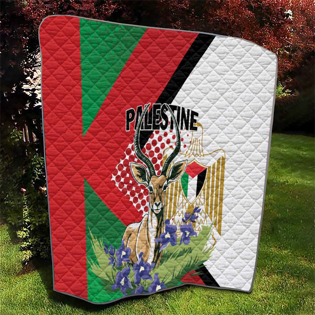 Quilted Palestine blanket with red and green geometric panels, white section, and floral design