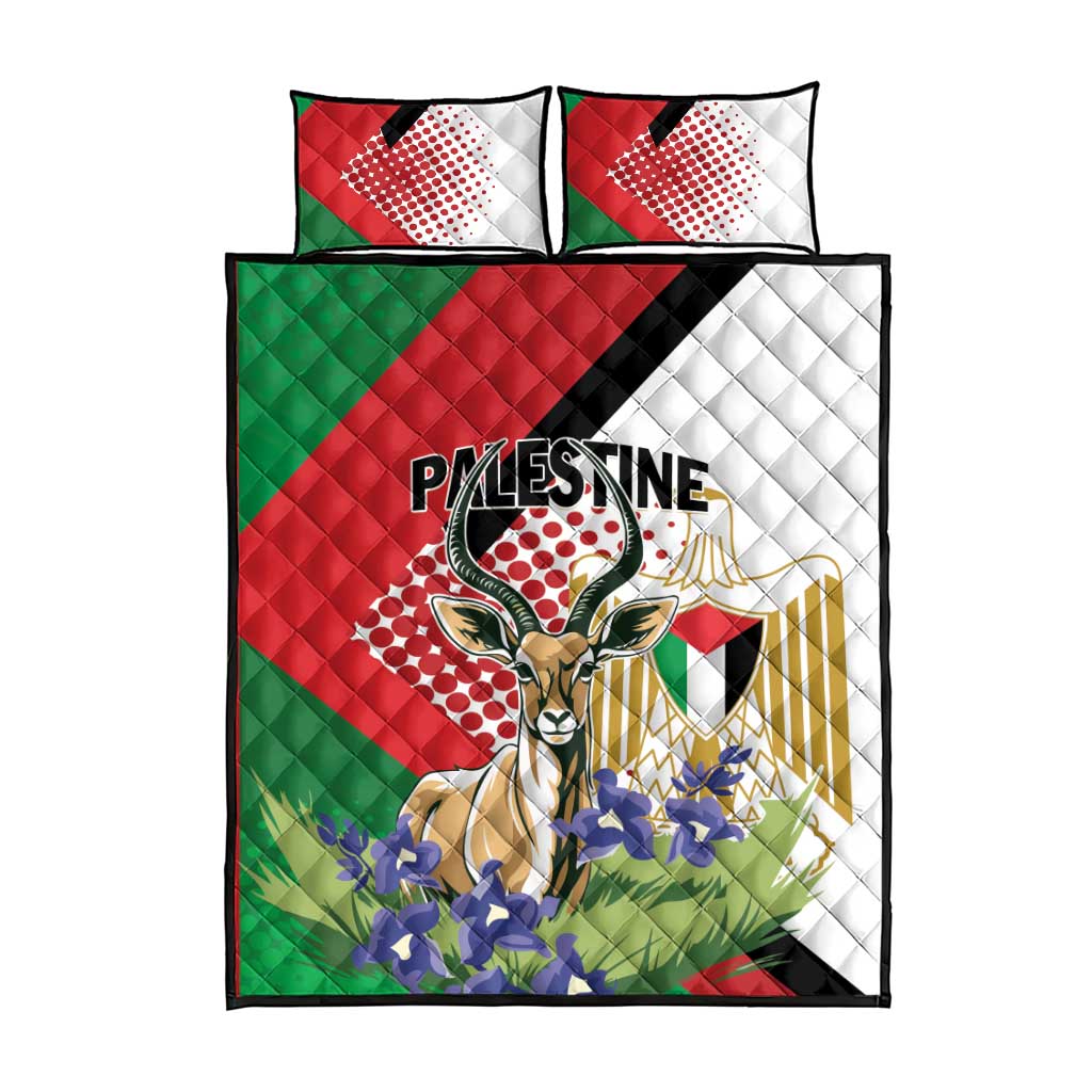 Quilt bed set with gazelle and “PALESTINE” text, red green white quilt with two pillows