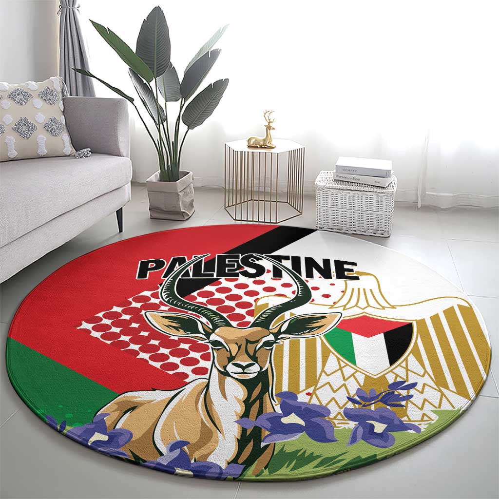 Round area rug with central gazelle medallion and Palestine text, red green black and blue