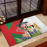 Outdoor rubber doormat with Palestine Gazelle design and red, green, gold shapes
