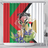 Shower curtain panel with gazelle mascot, shield motif, and red-green diagonal stripes