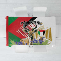 Rectangular tablecloth with multicolor Palestine flag and gazelle graphic, corner trim.