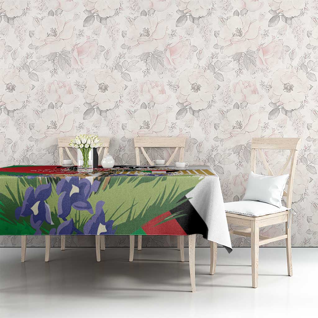 Rectangular tablecloth with green, purple, red gazelle artwork and Palestine-style motif.