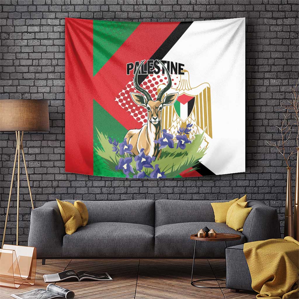 Rectangular tapestry with Palestinian flag colors and gazelle with blue flowers