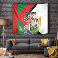 Rectangular tapestry with Palestinian flag colors and gazelle with blue flowers