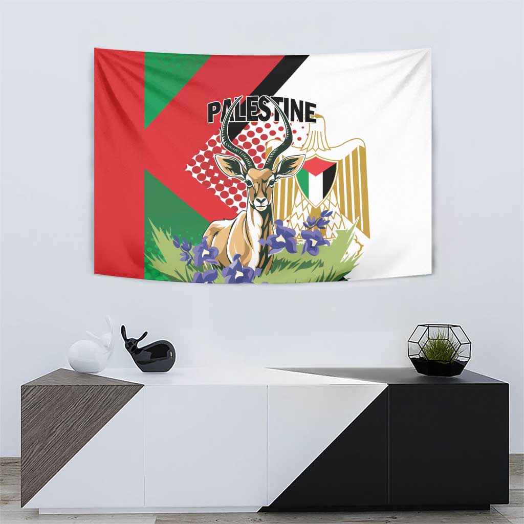 Wall tapestry with gazelle artwork, blue flowers, and red green black white pattern