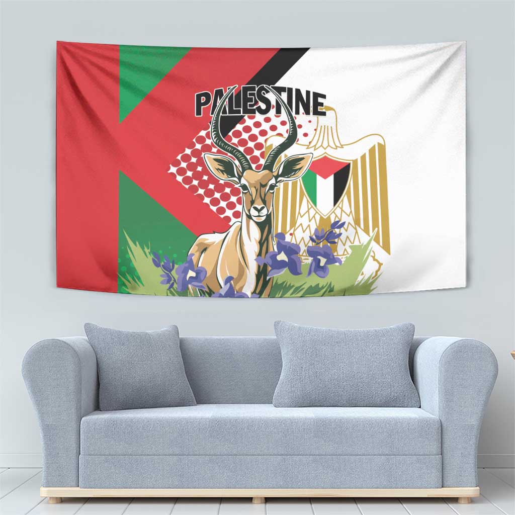 Rectangular wall tapestry showing gazelle, blue blossoms, and flag-style geometric colors