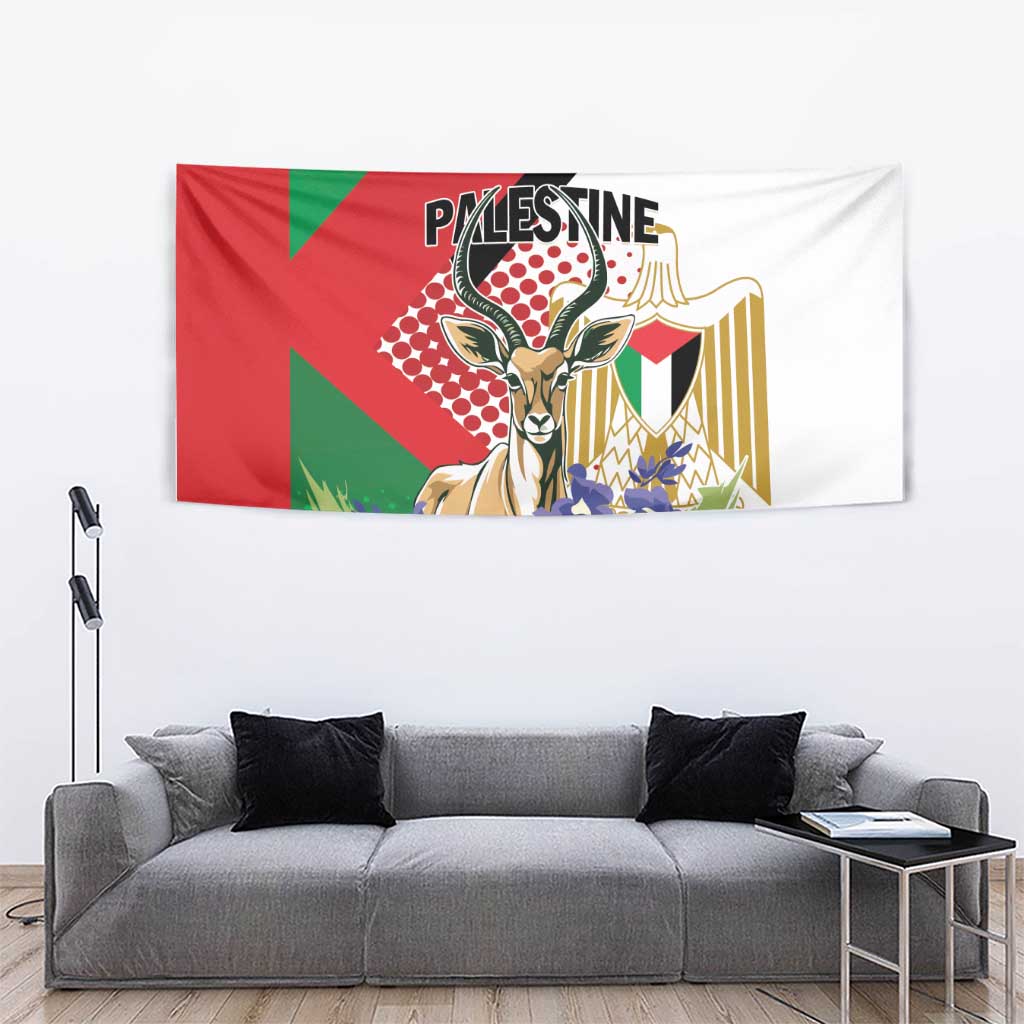 Hanging tapestry with gazelle graphic and red-green-white Palestinian flag design