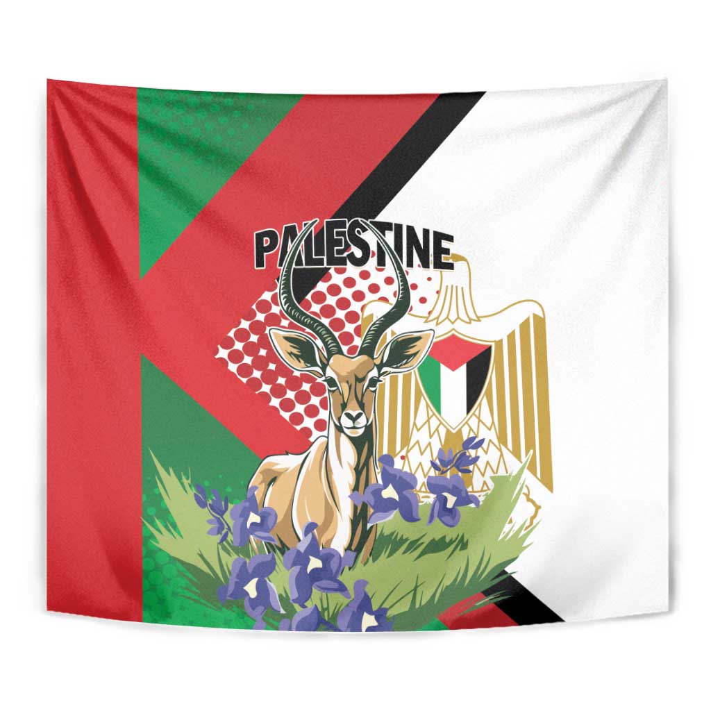 Close-up wall tapestry with gazelle and blue flowers in red green black white artwork