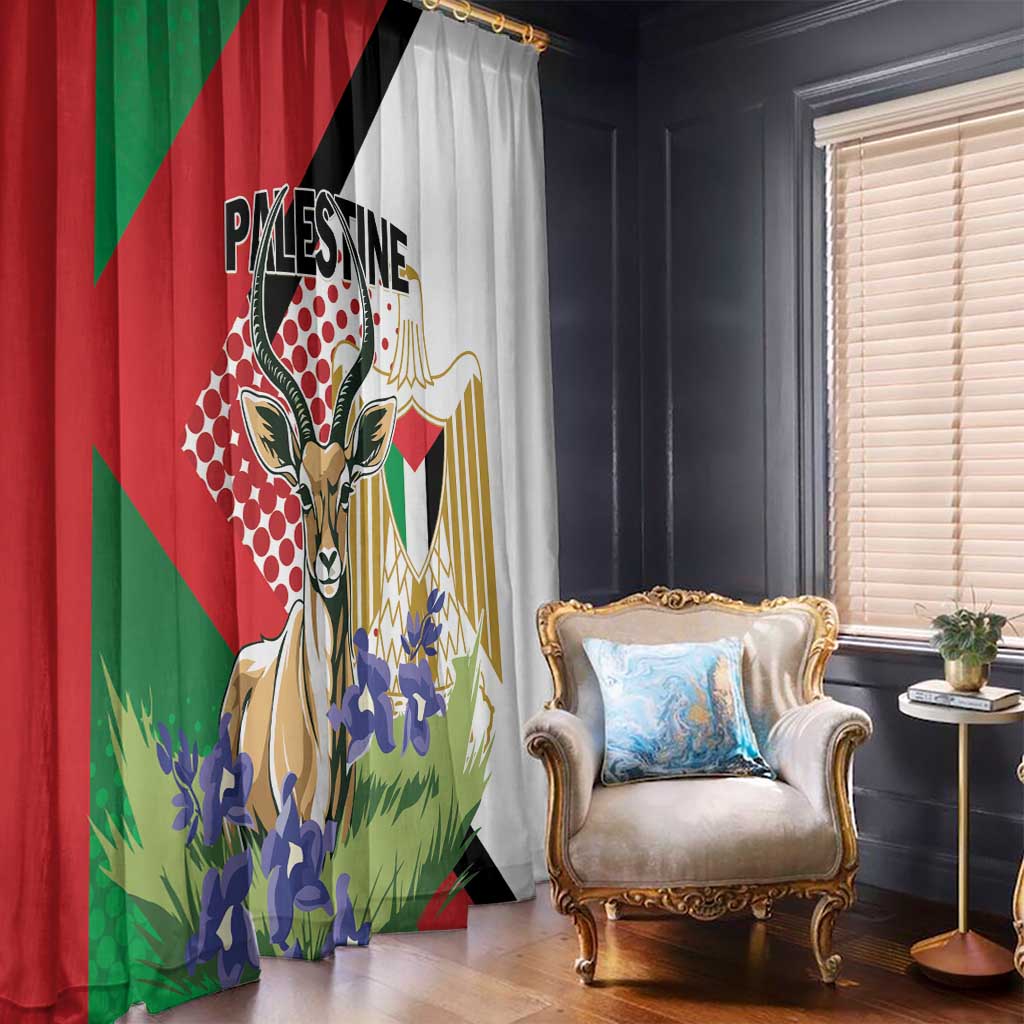 Printed window curtain panels with gazelle illustration, red-green left side and white right side