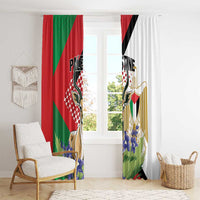 Curtain panels with hanging rings and gazelle artwork, red-green left panel and white right panel