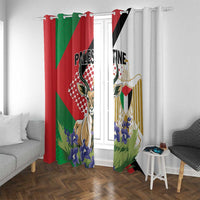 Printed curtain panels with gazelle and blue flowers, red-green left and white/gray right on rings