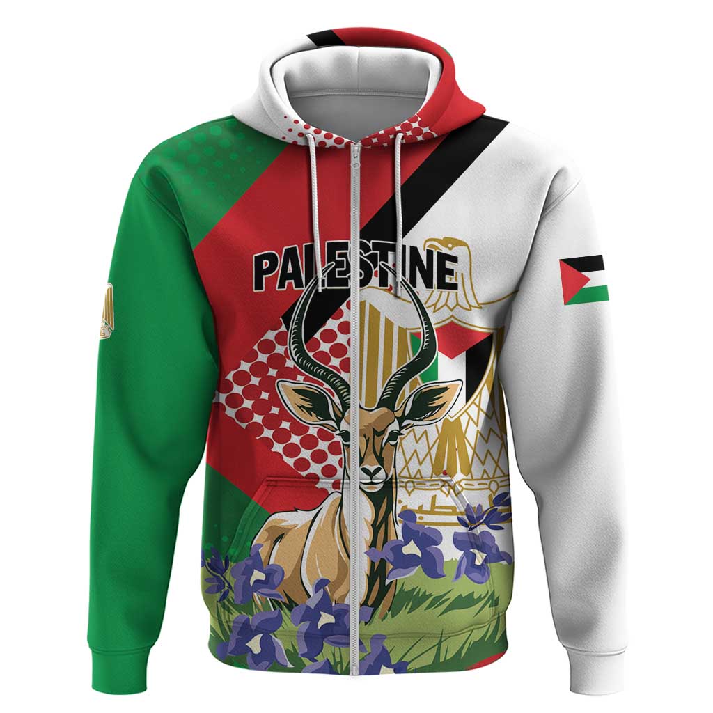 Personalized Palestine Zip Hoodie Mountain Gazelle With Faqqua Iris - Wonder Print Shop