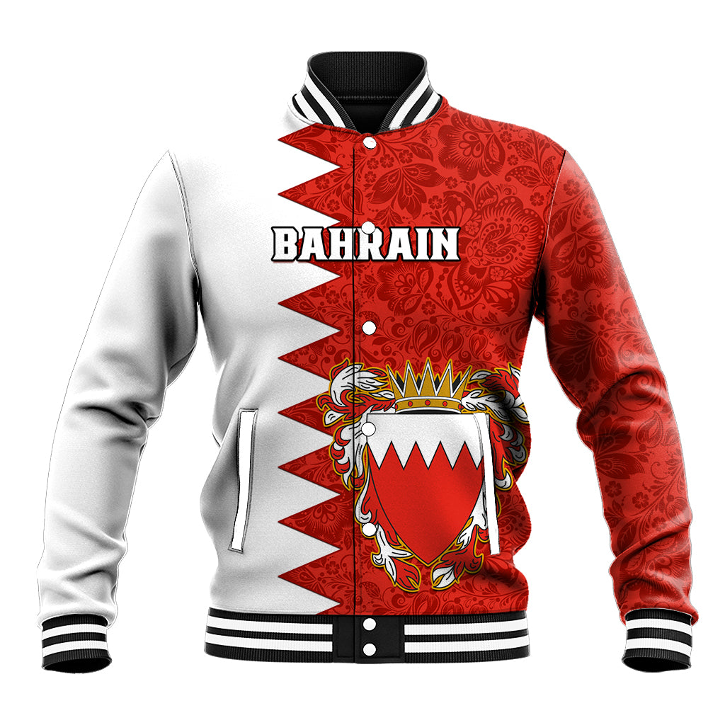 Red and white baseball jacket with floral pattern, striped collar, and Bahrain crest on front.