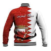 Red and white baseball jacket with floral pattern, striped collar, and Bahrain crest on back.