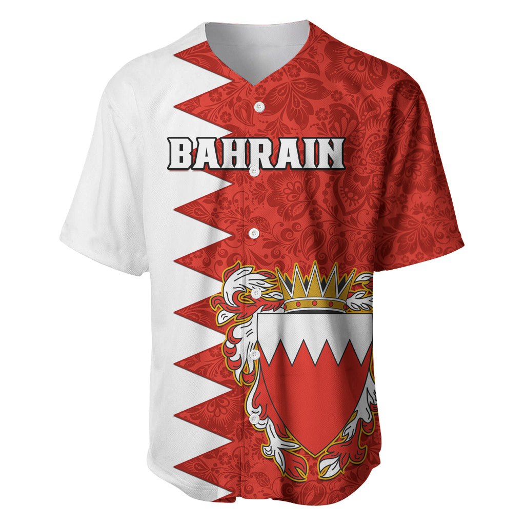 Red and white baseball jersey with floral crest, Bahrain lettering, button front