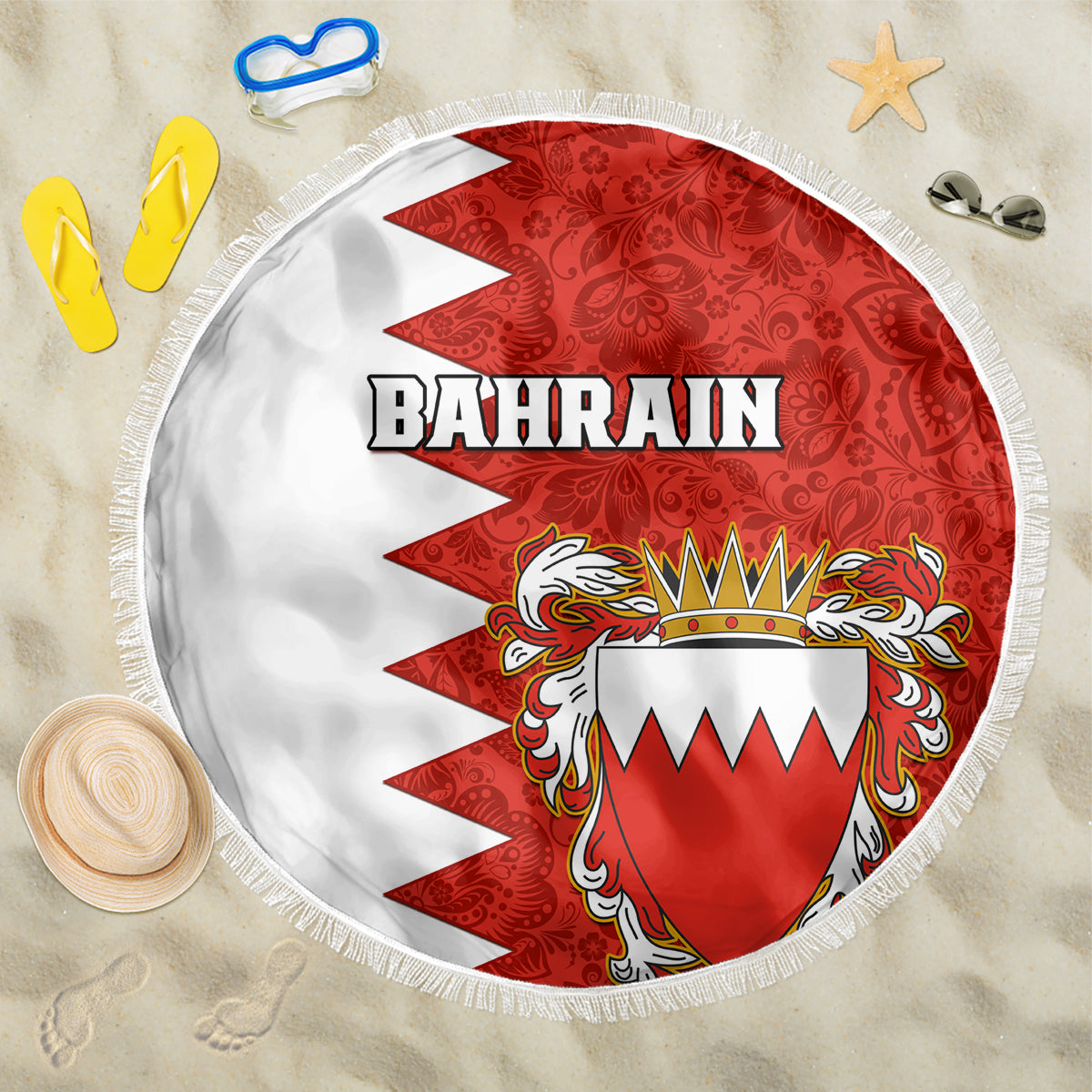 Round beach blanket with Bahrain emblem and red floral pattern, white fringe edge