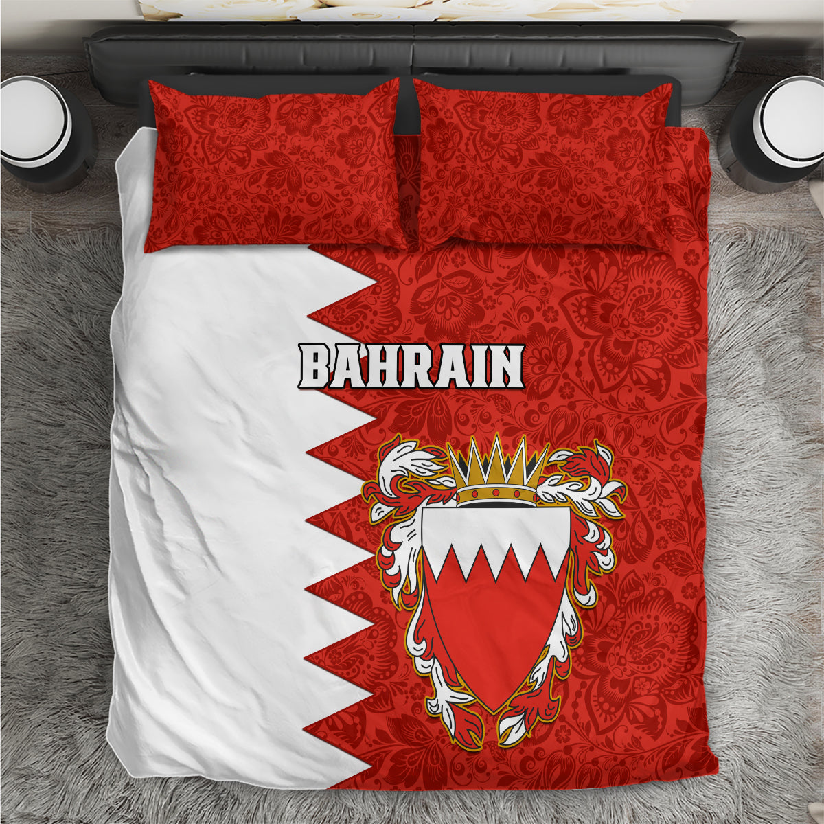 Red Bahrain bedding set with crest, floral pattern, and two matching pillowcases
