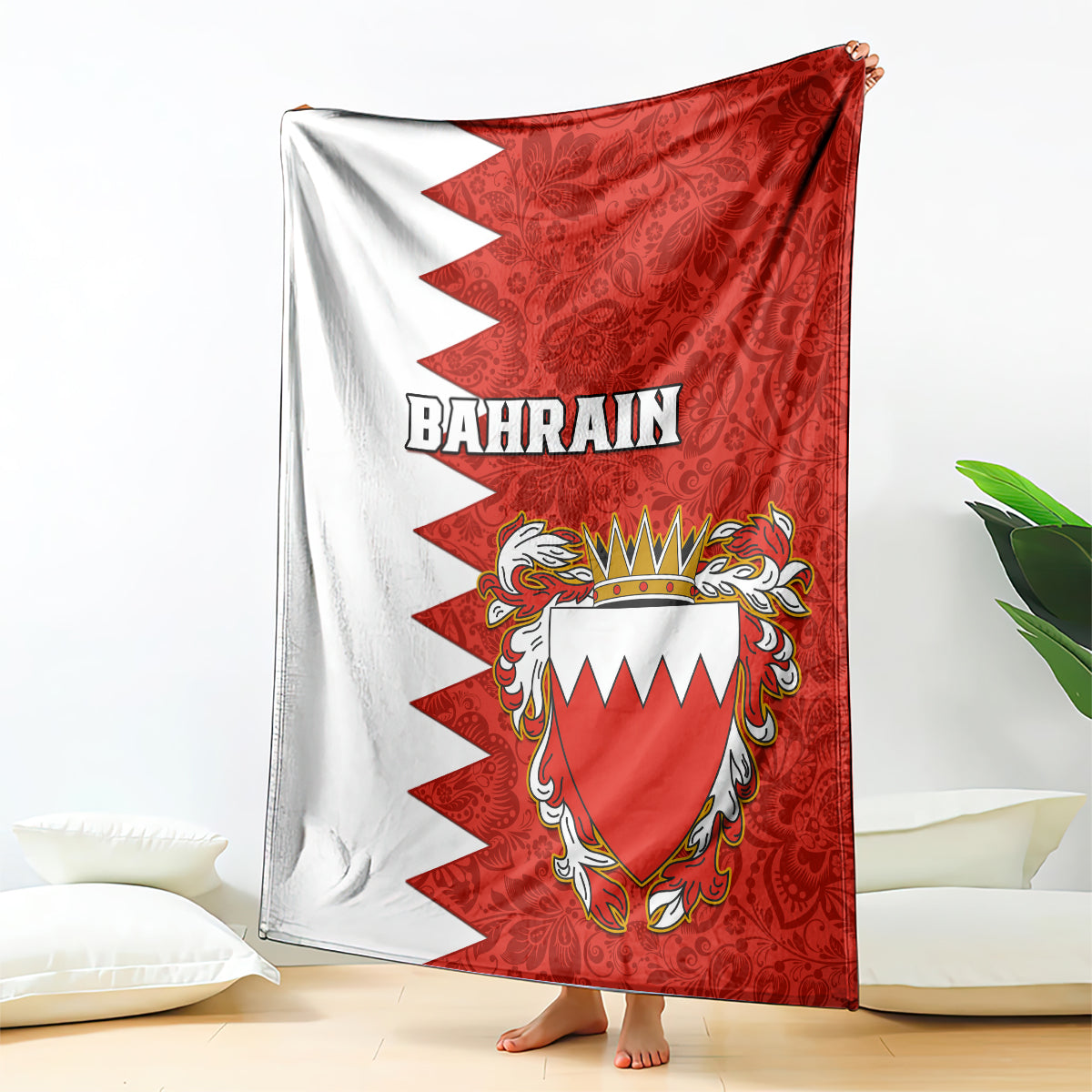Bahrain-themed red and white blanket with coat-of-arms and BAHRAIN text