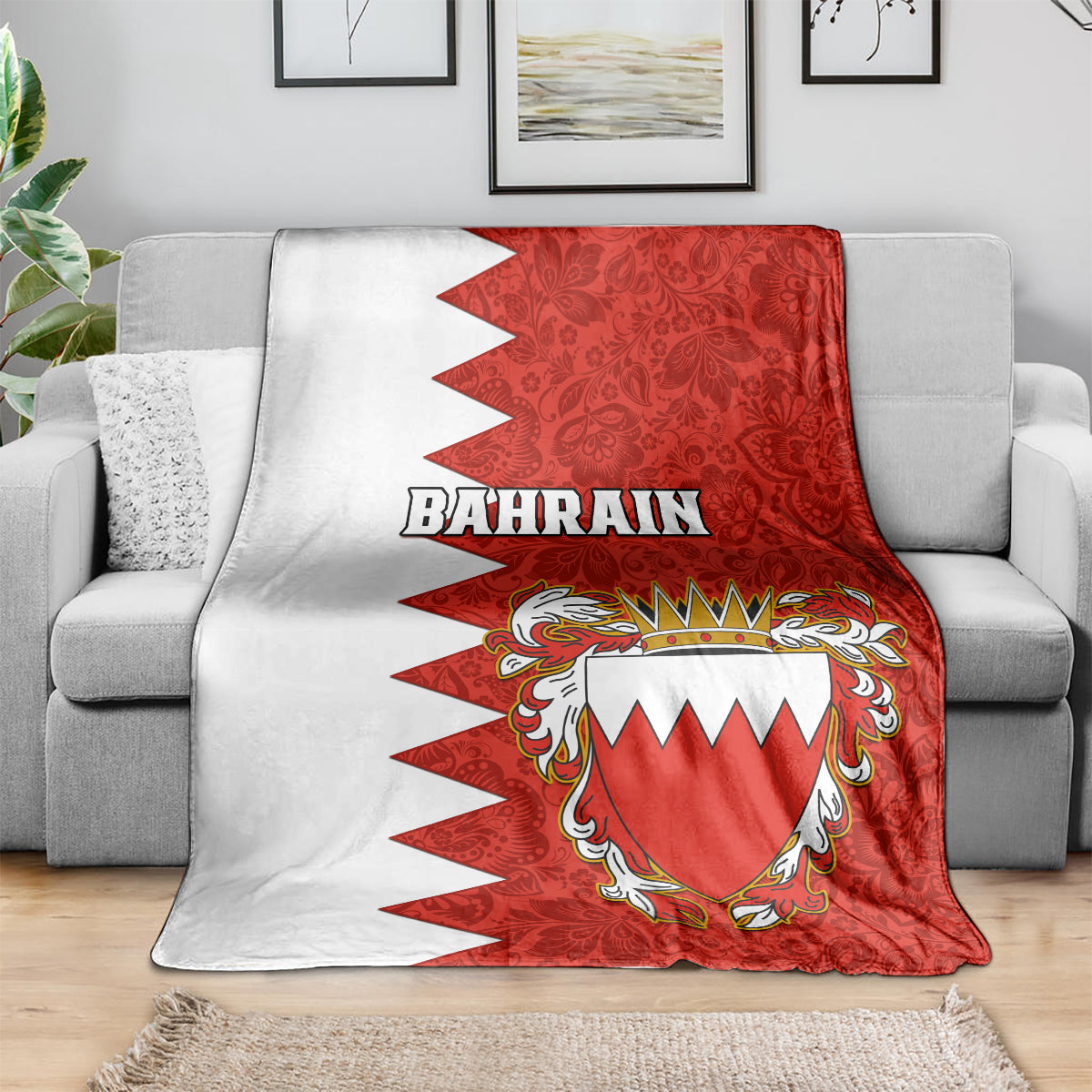 Draped Bahrain-themed red and white blanket with coat-of-arms crest and BAHRAIN text