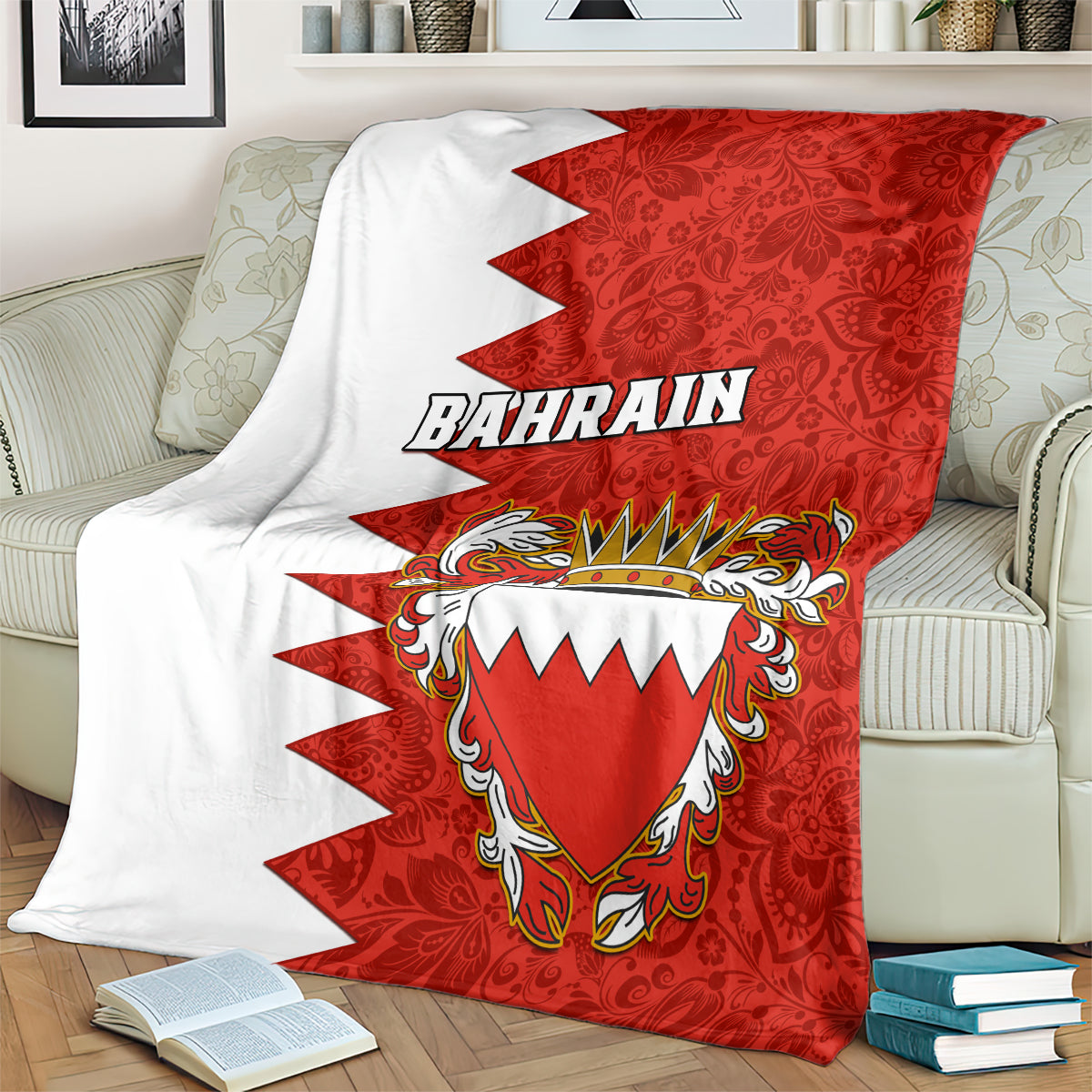 Draped red and white Bahrain-themed blanket with coat-of-arms crest and BAHRAIN text