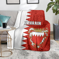 Bahrain-themed red and white throw blanket with coat-of-arms crest and BAHRAIN text
