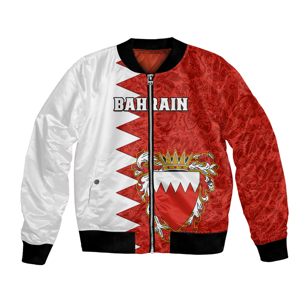 Red and white satin bomber jacket with zipper, Bahrain crest and floral pattern