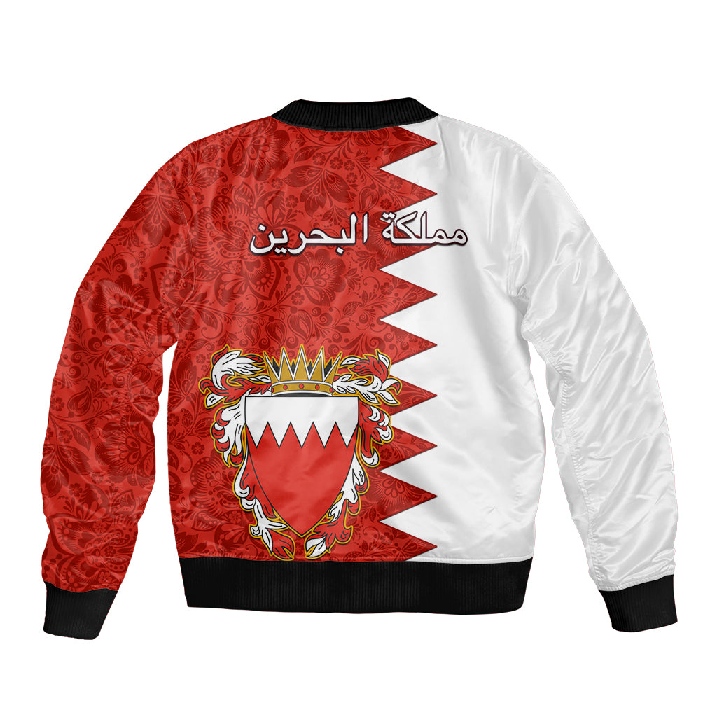 Red and white bomber jacket, back graphic with Arabic text, crest, ribbed cuffs