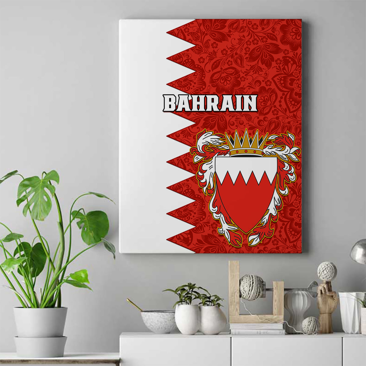 Bahrain Independence Day Canvas Wall Art Bahrayn Coat Of Arms Floral Pattern - Wonder Print Shop