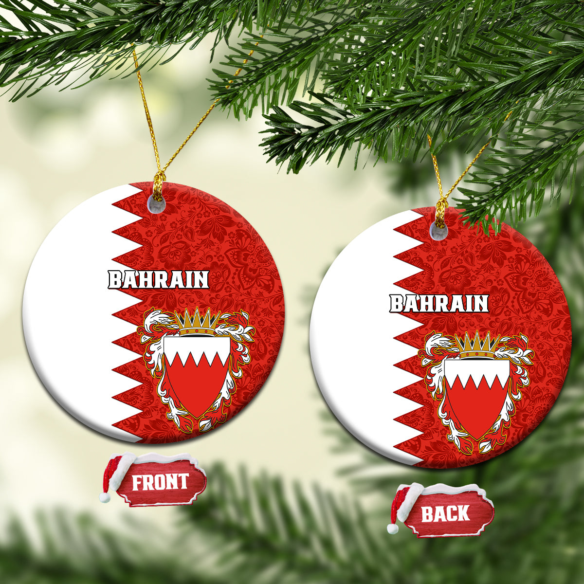 Ceramic ornament featuring Bahrain coat of arms, red and white design, hanging on a gold loop