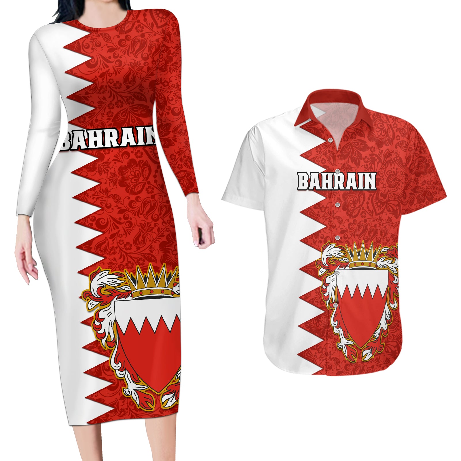 Bahrain Independence Day Couples Matching Long Sleeve Bodycon Dress and Hawaiian Shirt Bahrayn Coat Of Arms Floral Pattern - Wonder Print Shop