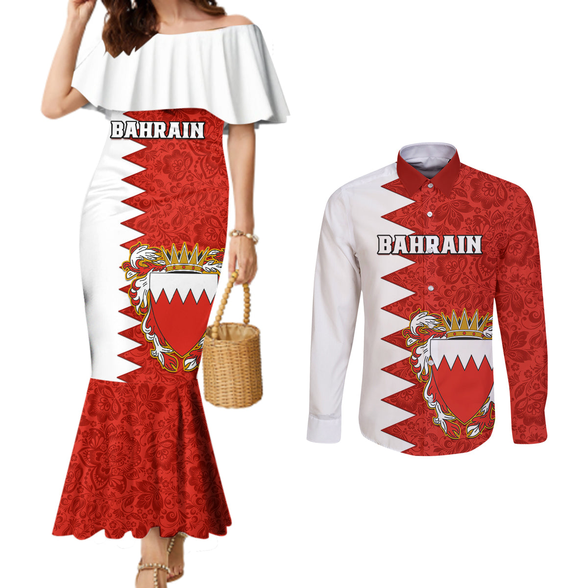 bahrain-independence-day-couples-matching-mermaid-dress-and-long-sleeve-button-shirt-bahrayn-coat-of-arms-floral-pattern