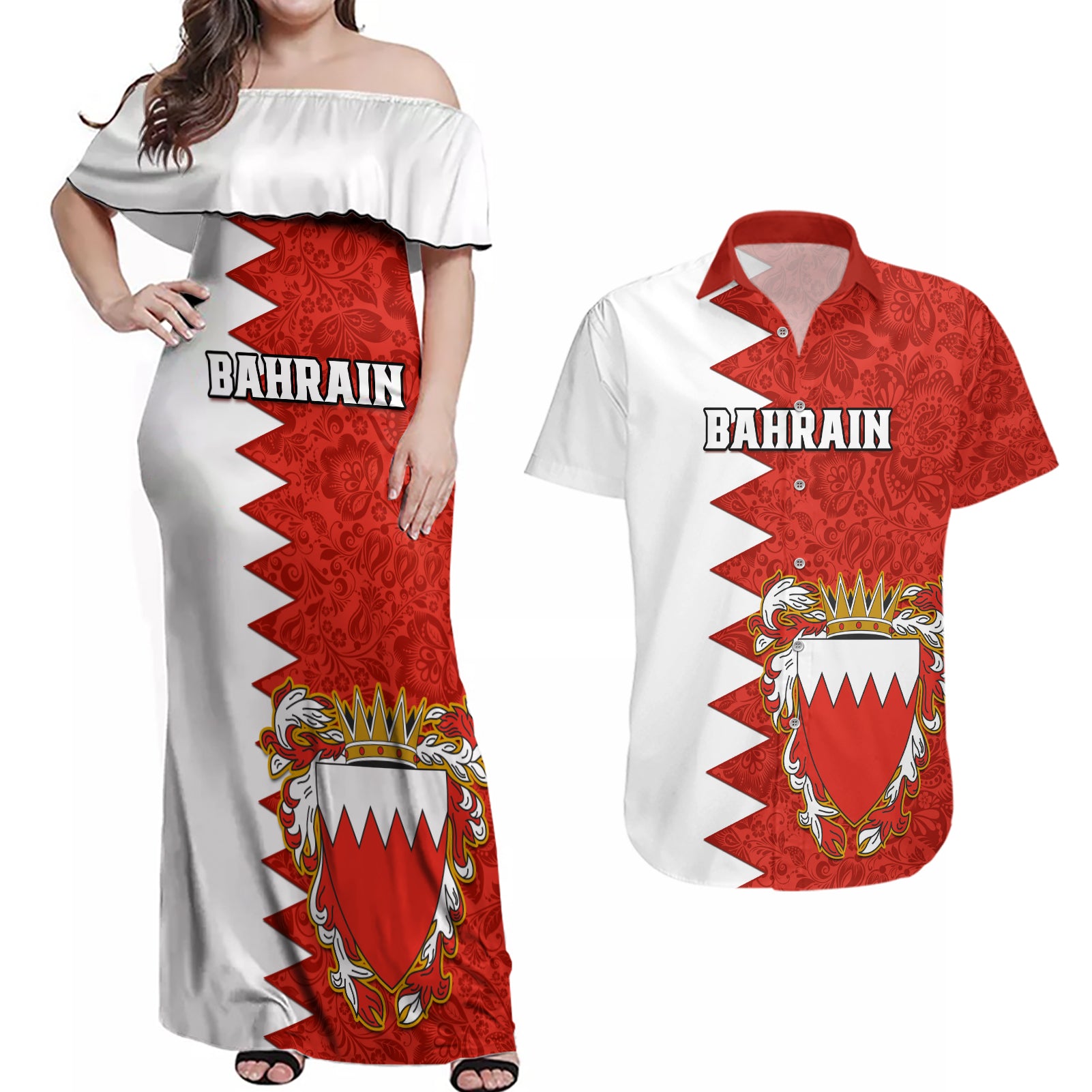 Bahrain Independence Day Couples Matching Off Shoulder Maxi Dress and Hawaiian Shirt Bahrayn Coat Of Arms Floral Pattern - Wonder Print Shop