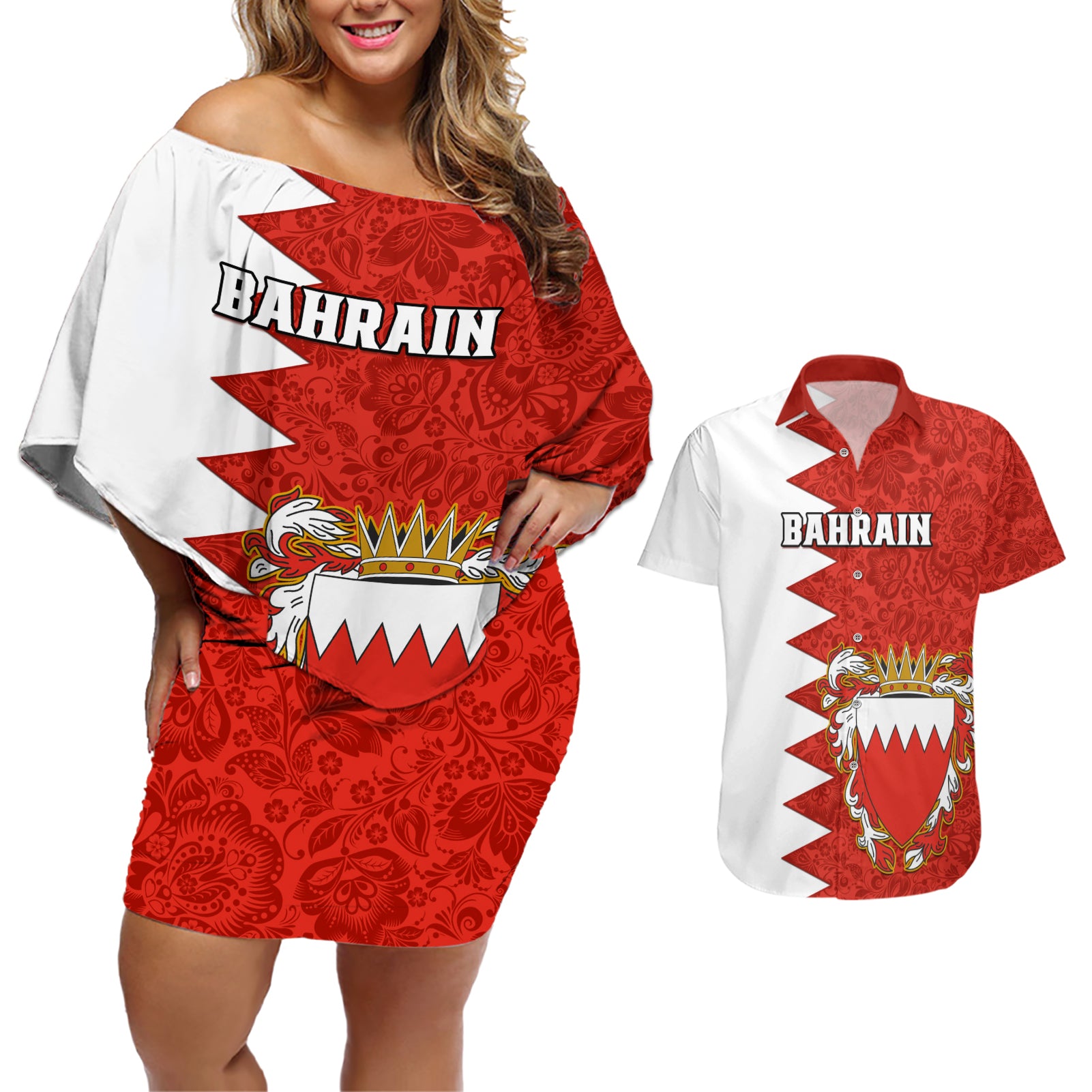 Bahrain Independence Day Couples Matching Off Shoulder Short Dress and Hawaiian Shirt Bahrayn Coat Of Arms Floral Pattern - Wonder Print Shop