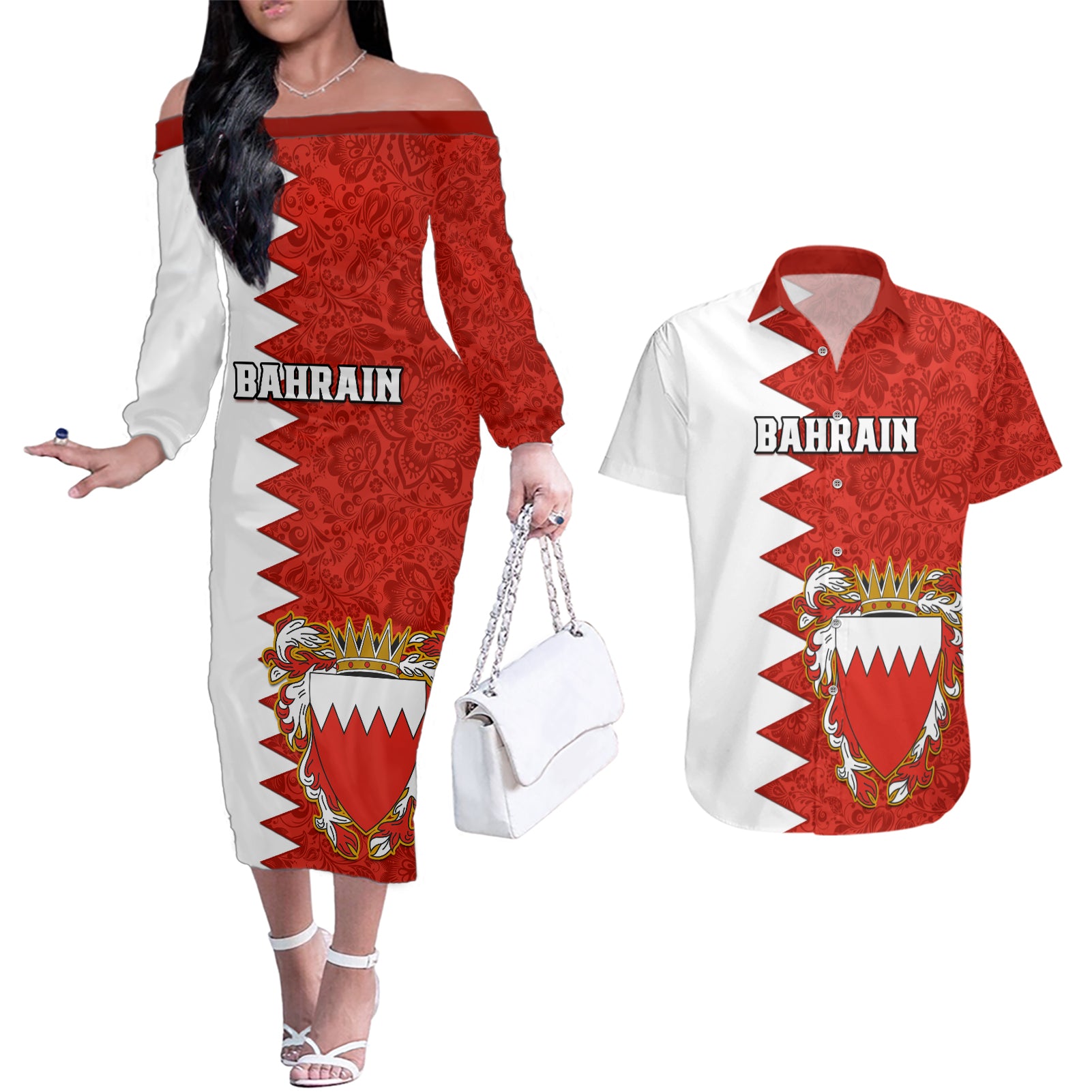 Bahrain Independence Day Couples Matching Off The Shoulder Long Sleeve Dress and Hawaiian Shirt Bahrayn Coat Of Arms Floral Pattern - Wonder Print Shop