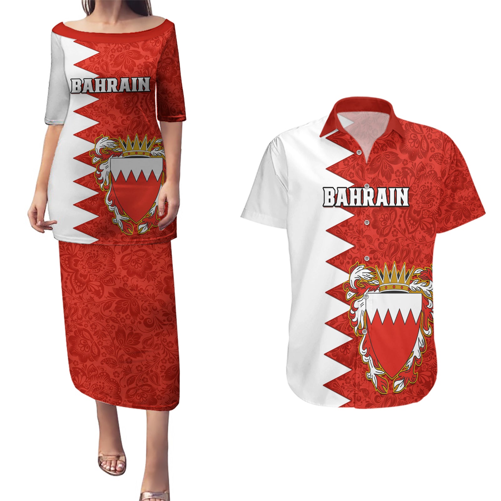 Bahrain Independence Day Couples Matching Puletasi Dress and Hawaiian Shirt Bahrayn Coat Of Arms Floral Pattern - Wonder Print Shop