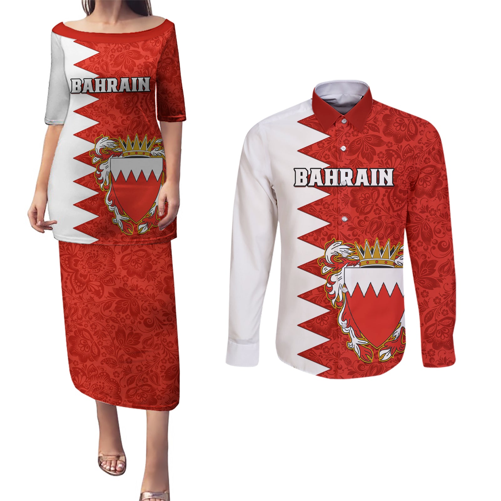 Bahrain Independence Day Couples Matching Puletasi Dress and Long Sleeve Button Shirt Bahrayn Coat Of Arms Floral Pattern - Wonder Print Shop