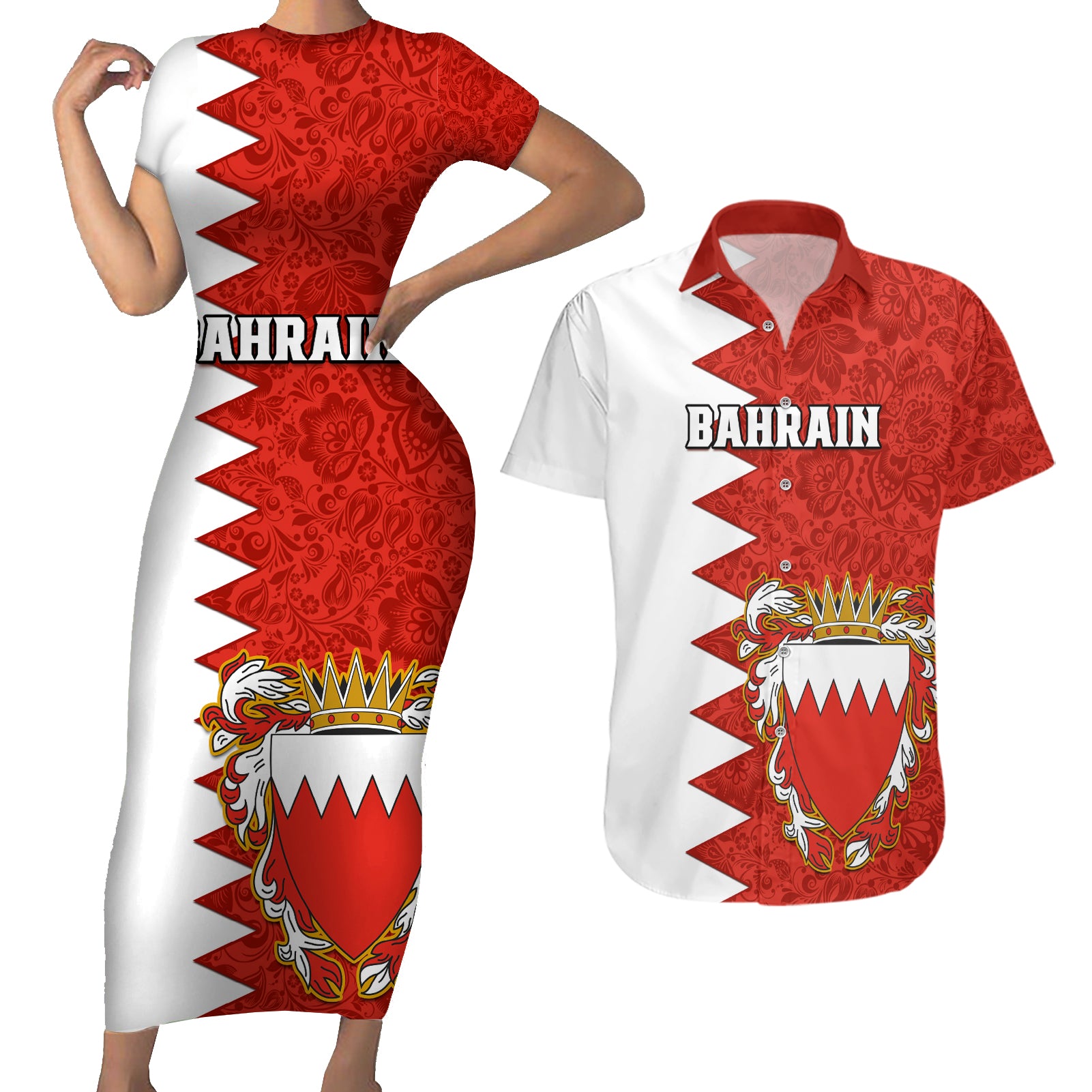 Bahrain Independence Day Couples Matching Short Sleeve Bodycon Dress and Hawaiian Shirt Bahrayn Coat Of Arms Floral Pattern - Wonder Print Shop