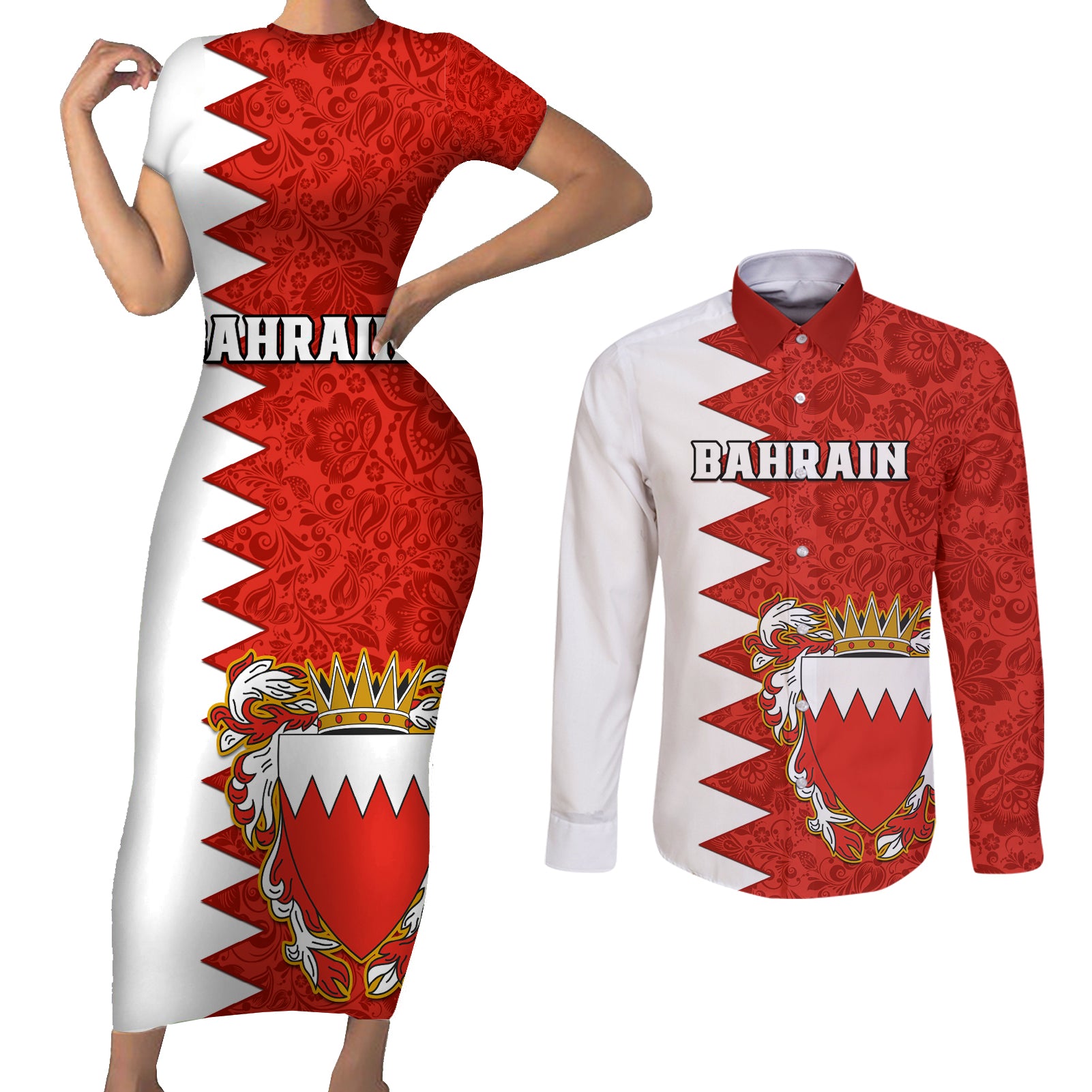 Bahrain Independence Day Couples Matching Short Sleeve Bodycon Dress and Long Sleeve Button Shirt Bahrayn Coat Of Arms Floral Pattern - Wonder Print Shop