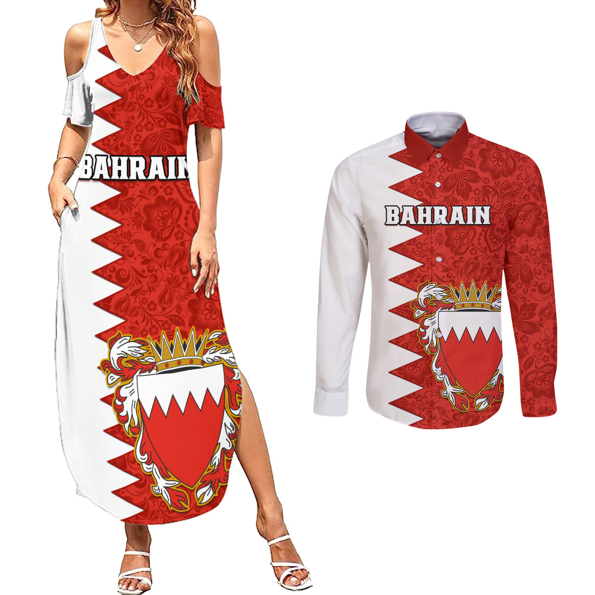 Bahrain Independence Day Couples Matching Summer Maxi Dress and Long Sleeve Button Shirt Bahrayn Coat Of Arms Floral Pattern - Wonder Print Shop