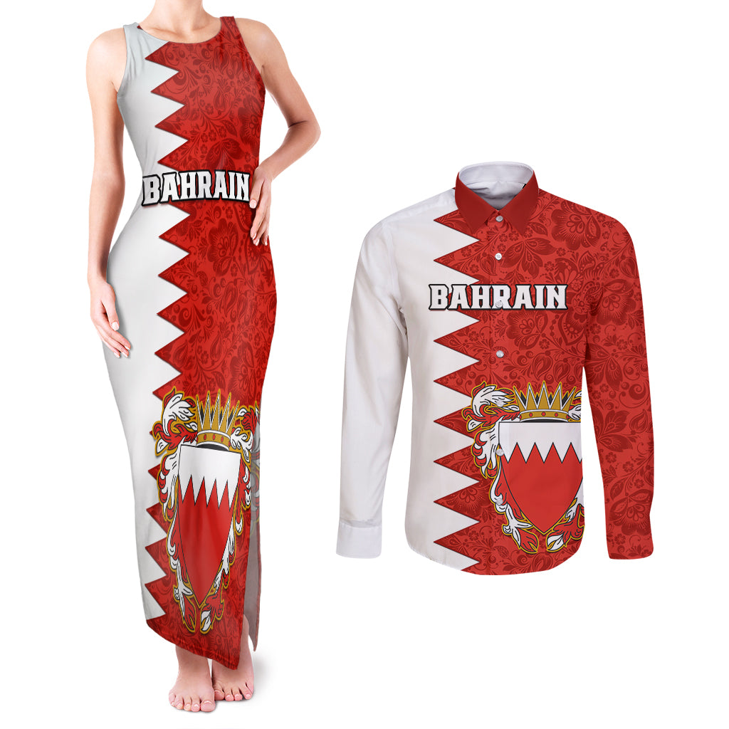 Bahrain Independence Day Couples Matching Tank Maxi Dress and Long Sleeve Button Shirt Bahrayn Coat Of Arms Floral Pattern - Wonder Print Shop