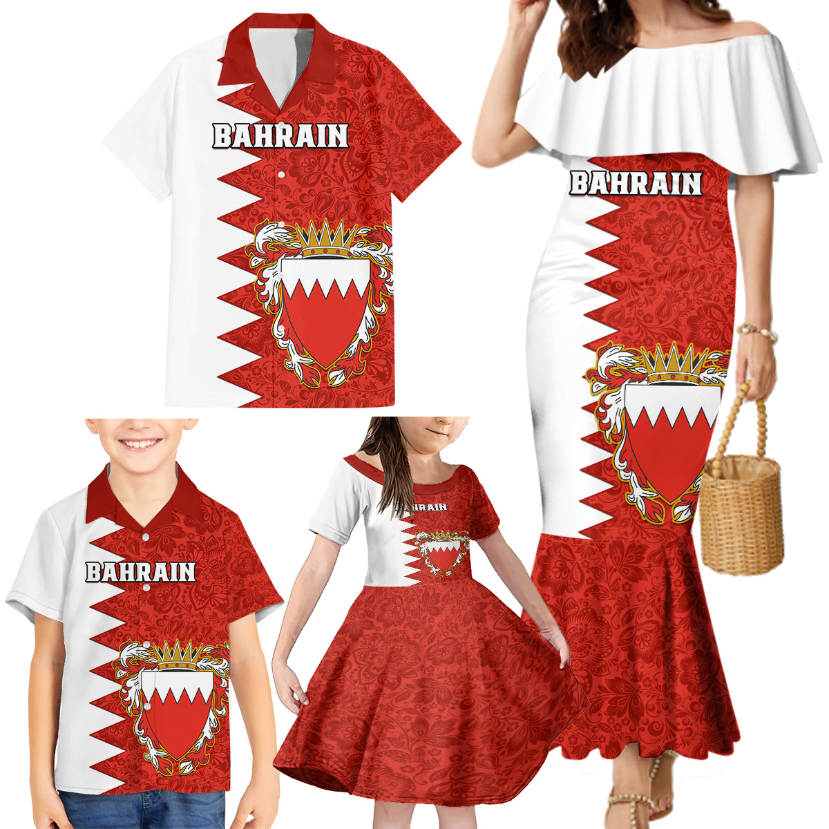 Bahrain Independence Day Family Matching Mermaid Dress and Hawaiian Shirt Bahrayn Coat Of Arms Floral Pattern - Wonder Print Shop