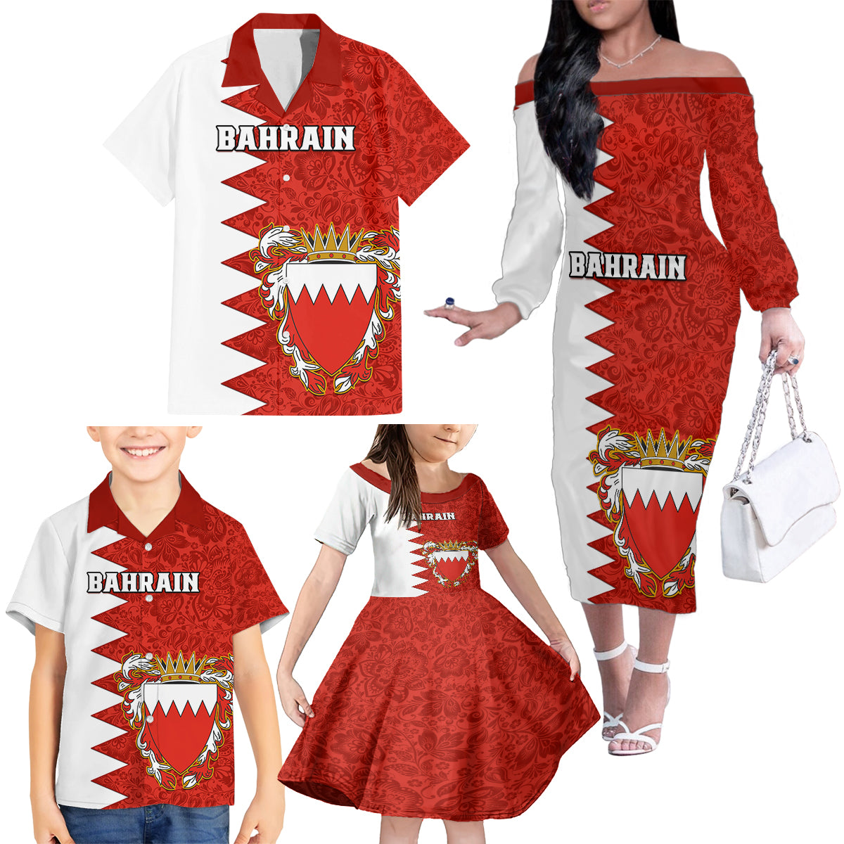 Bahrain Independence Day Family Matching Off Shoulder Long Sleeve Dress and Hawaiian Shirt Bahrayn Coat Of Arms Floral Pattern - Wonder Print Shop