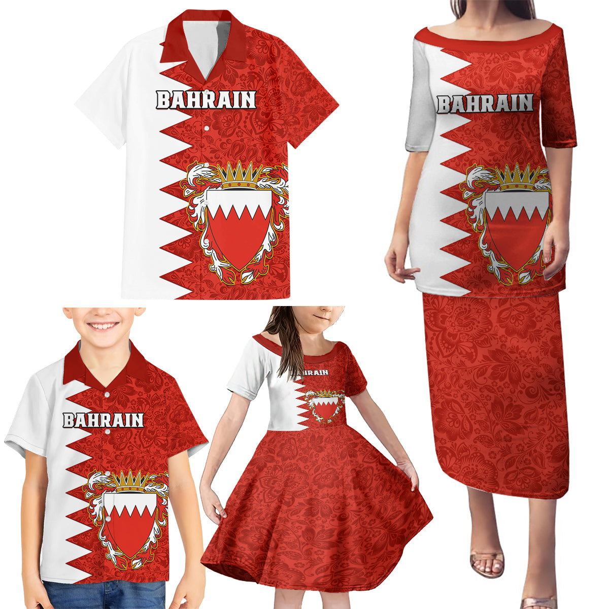 Bahrain Independence Day Family Matching Puletasi Dress and Hawaiian Shirt Bahrayn Coat Of Arms Floral Pattern - Wonder Print Shop