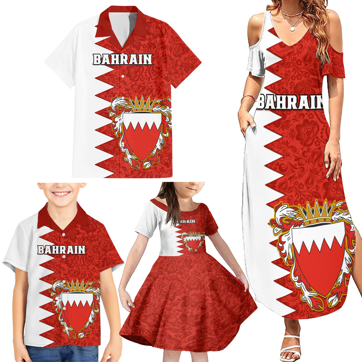 Bahrain Independence Day Family Matching Summer Maxi Dress and Hawaiian Shirt Bahrayn Coat Of Arms Floral Pattern - Wonder Print Shop