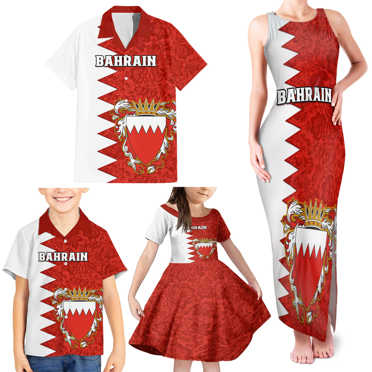 Bahrain Independence Day Family Matching Tank Maxi Dress and Hawaiian Shirt Bahrayn Coat Of Arms Floral Pattern - Wonder Print Shop