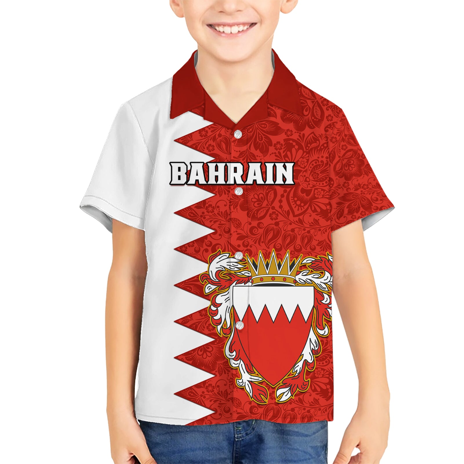 Bahrain Independence Day Kid Hawaiian Shirt Bahrayn Coat Of Arms Floral Pattern - Wonder Print Shop