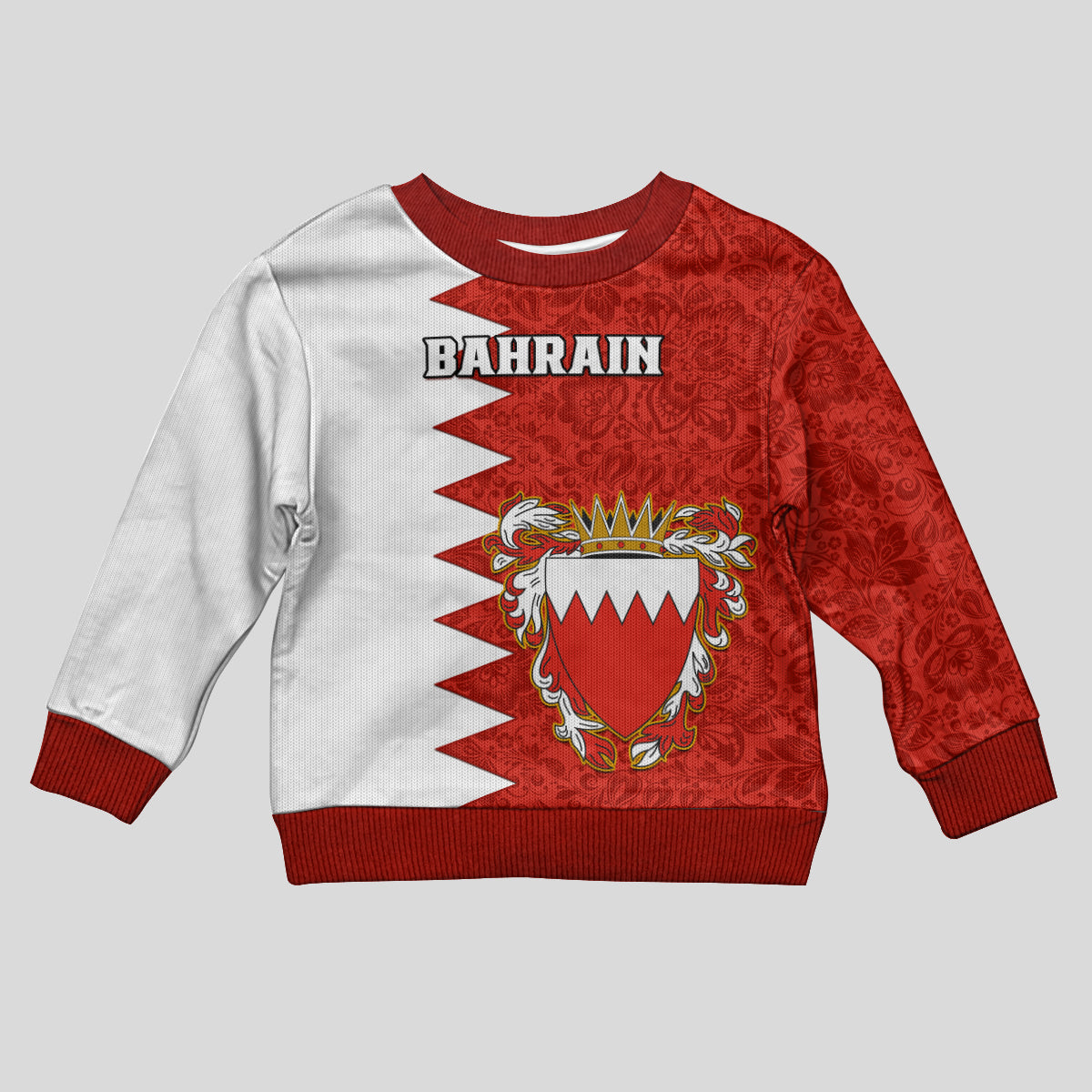 Bahrain Independence Day Kid Ugly Christmas Sweater Bahrayn Coat Of Arms Floral Pattern - Wonder Print Shop