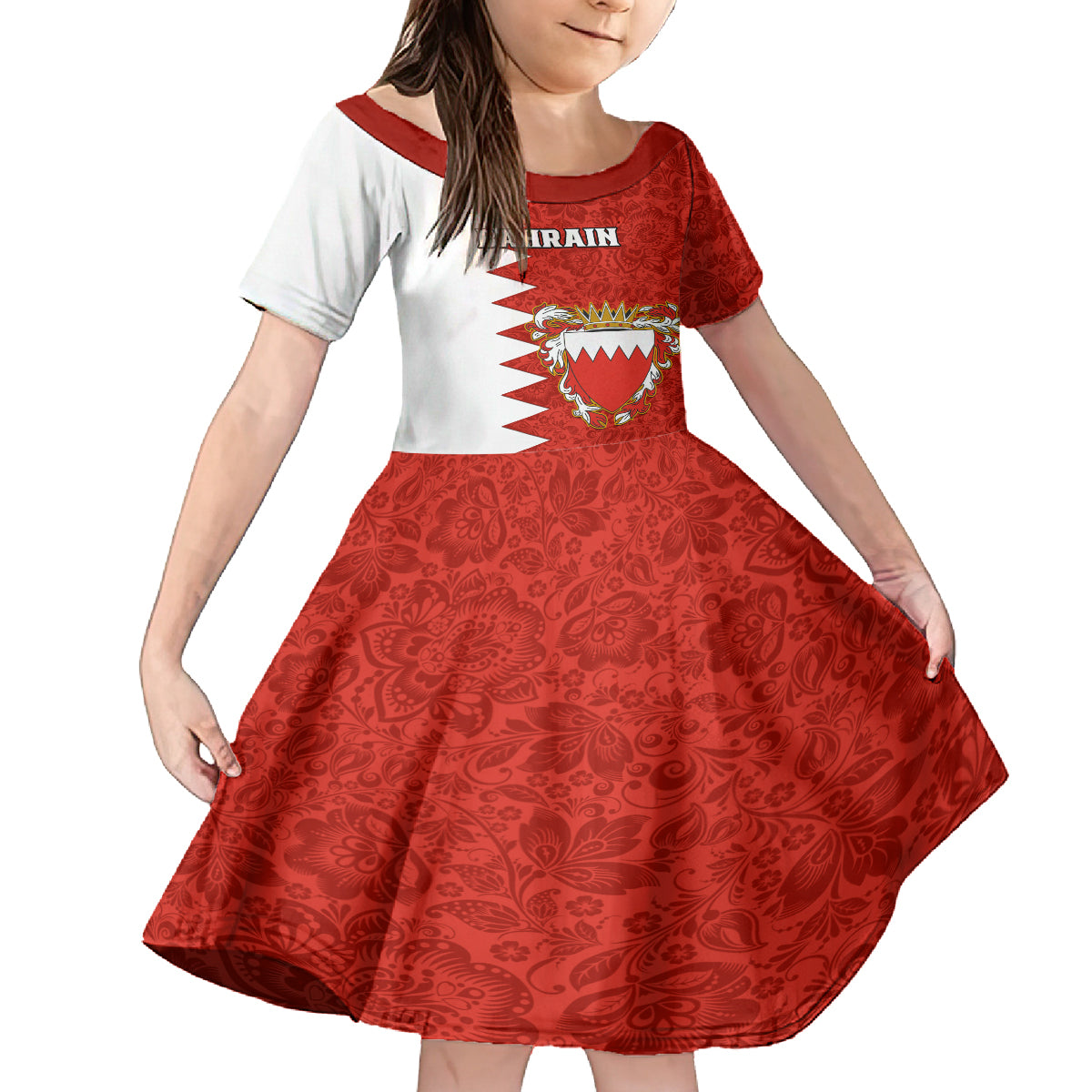 Bahrain Independence Day Kid Short Sleeve Dress Bahrayn Coat Of Arms Floral Pattern - Wonder Print Shop